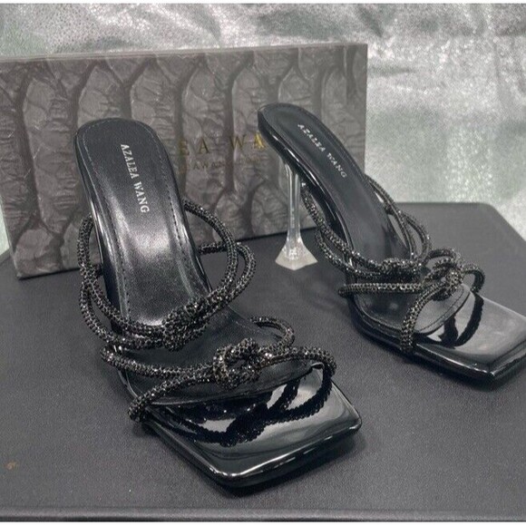 AZALEA WANG Anarchy Stiletto Black Crystals Lucite Clear Heel Sandals Square 8.5 - Picture 12 of 12